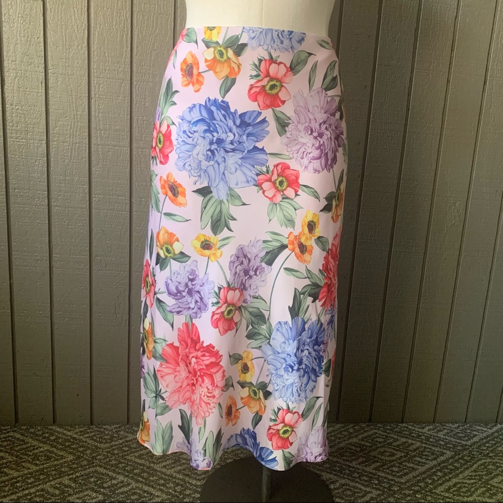 Express Pink Satin Floral Midi Slip Skirt Size XL